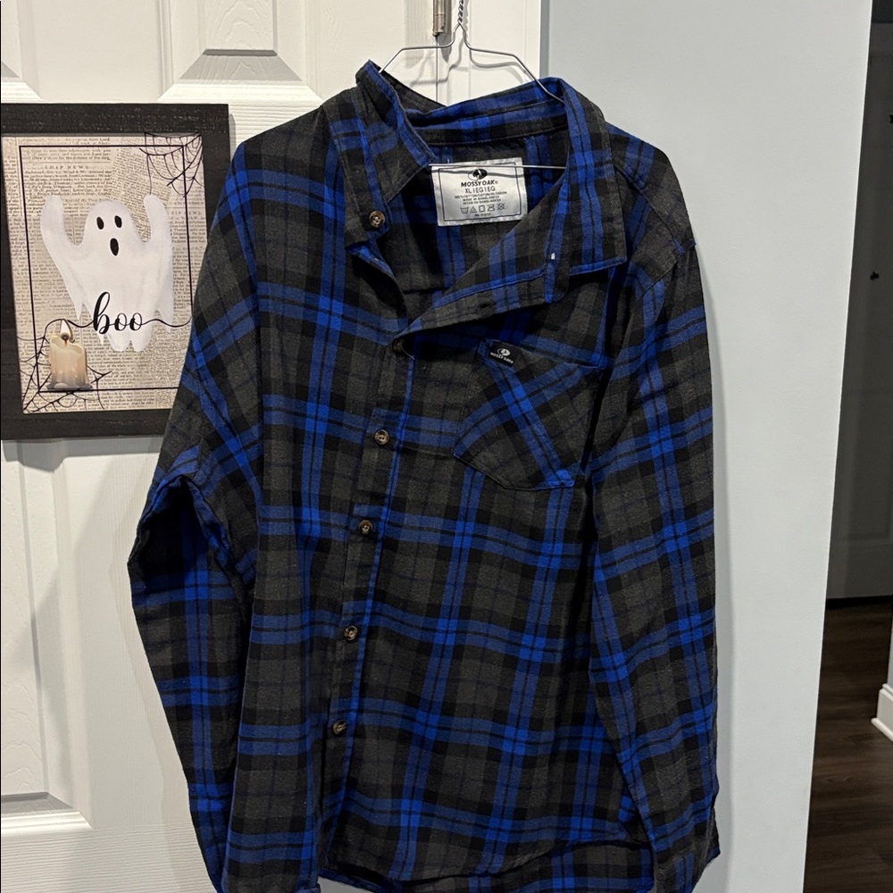 Mossy Oak Gray and Blue Checkered Shirt